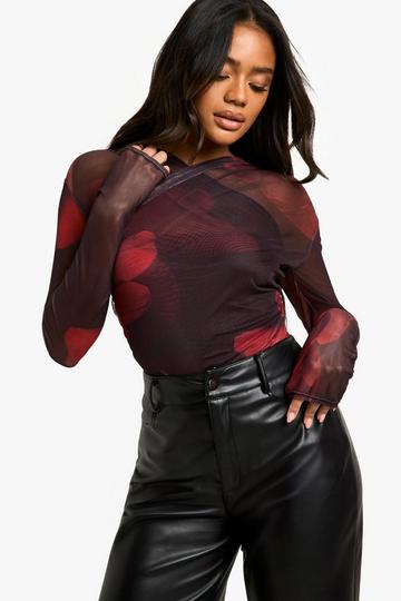 Rose Print Print Mesh Wrap Front Bodysuit black