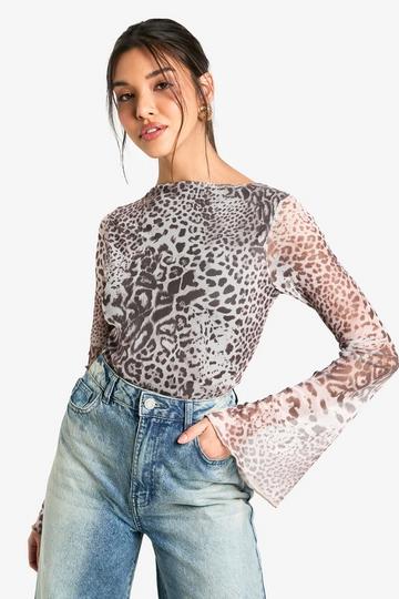 Printed Mesh Open Back Bodysuit leopard