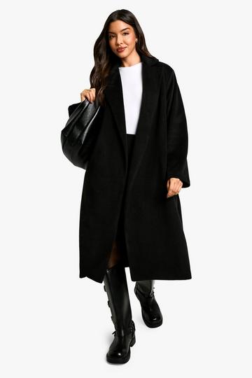 Faux Leather Belt Wool Look Coat black