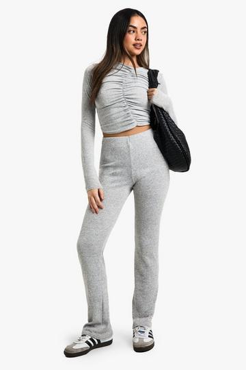 Geribbelde Geplooide Melange Top En Flared Broek Set grey marl