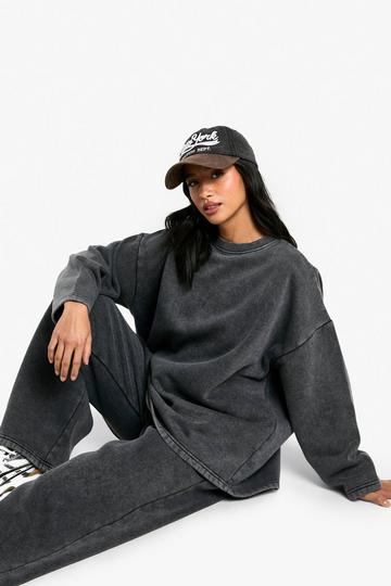 Petite Acid Wash Sweatshirt & Wide Leg Jogger Tracksuit charcoal