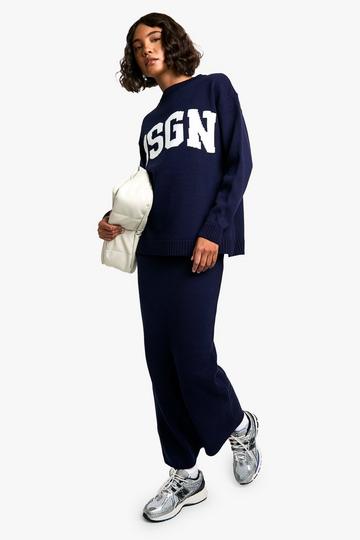 Petite Gebreide DSGN Trui Met Crewneck En Maxi Rok Set navy