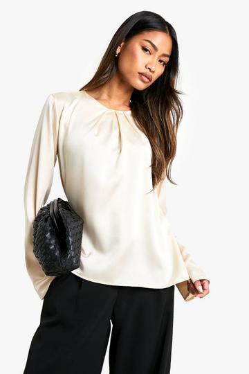 Satin Drape Detail Long Sleeve Blouse cream