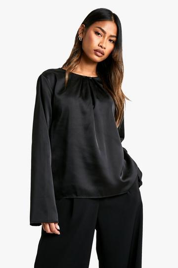 Satin Drape Detail Long Sleeve Blouse black