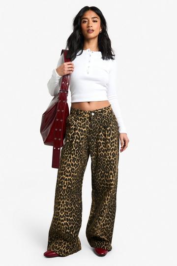 Petite Faded Denim Leopard Print Wide Leg Jean animal