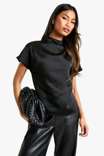 Black High Neck Short Sleeve Blouse