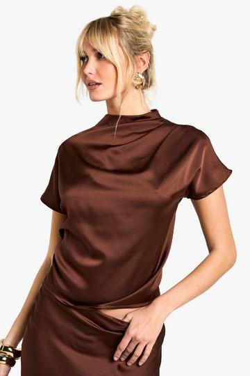 High Neck Satin Short Sleeve Blouse brown