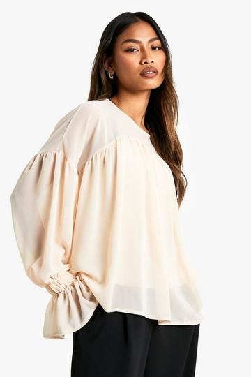 Cream White Chiffon Drape Detail Long Sleeve Blouse