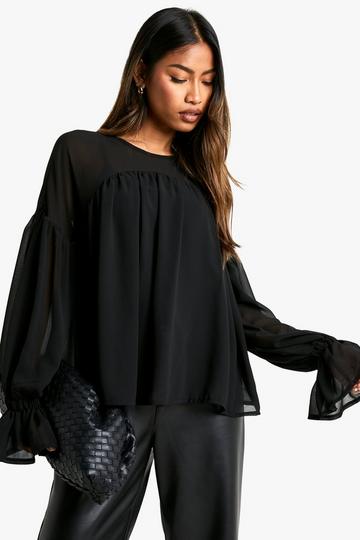 Black Chiffon Drape Detail Long Sleeve Blouse