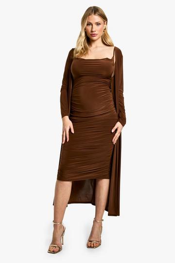 Maternity Strappy Cowl Neck Dress And Duster Coat chocolate