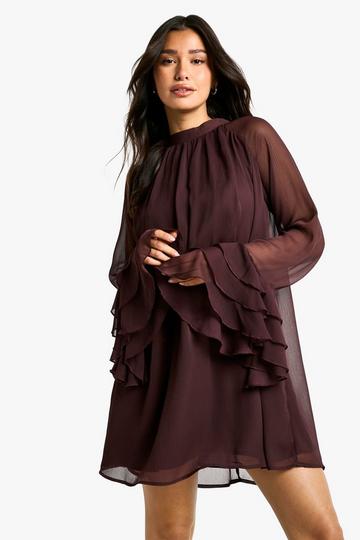 Tall High Neck Volume Sleeve Chiffon Smock Dress plum