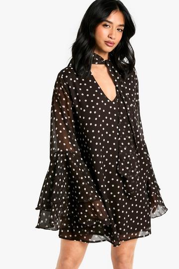 Petite Polkadot Flare Sleeve Chiffon Smock Dress chocolate