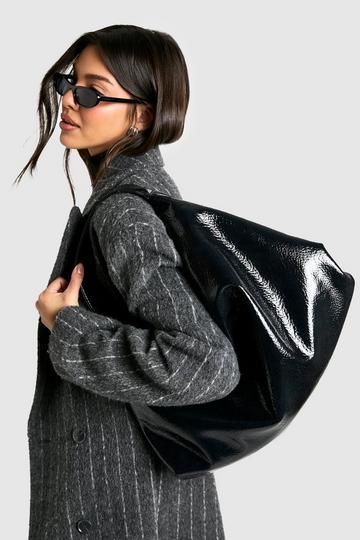 Black Textured Patent Slouchy Shoulder Bag