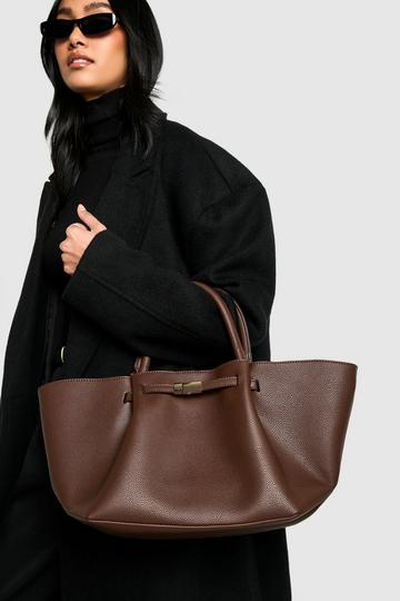 Chocolate Brown Clasp Detail Textured PU Tote Bag