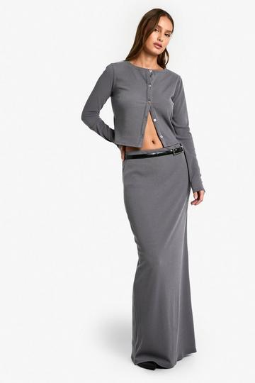 Soft Rib Button Through Long Sleeve Top and Maxi Skirt Coord charcoal