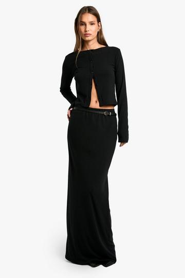 Soft Rib Button Through Long Sleeve Top and Maxi Skirt Coord black