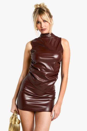 FAUX LEATHER SLEEVELESS HIGH NECK TOP AND MINI SKIRT SET chocolate