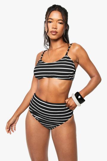 Crinkle Stripe Scoop Bikini Top & High Leg Bikini Bottoms Set black