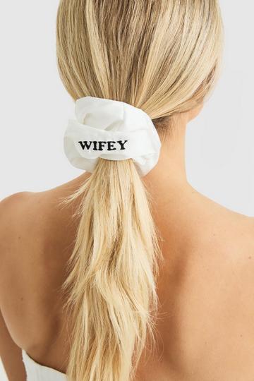 Bridal Wifey Embroidered Satin Scrunchie white