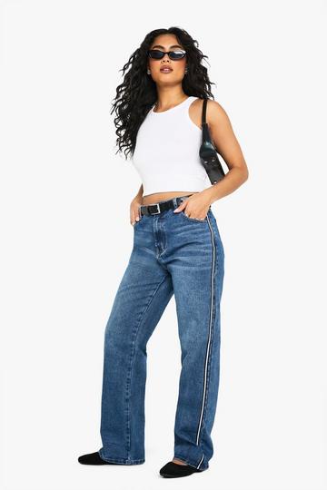 Side Stripe Detail Straight Leg Denim Jeans mid blue