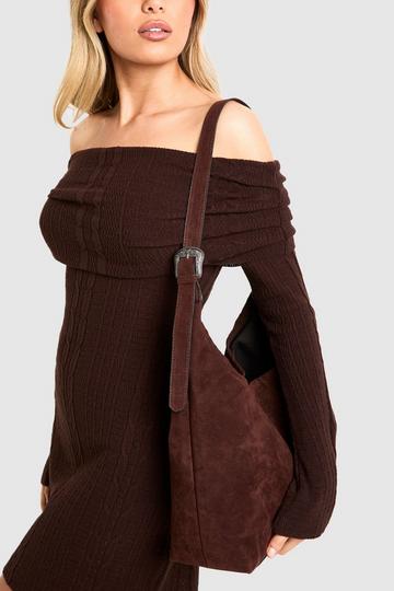 Chocolate Brown Western Buckle Faux Suede Slouchy Shoulder Bag