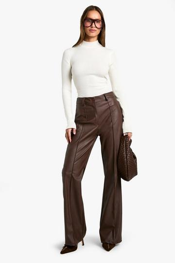 Leather Look Seam Front Skinny Flared Trousers chocolate