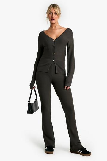 Premium Rib Knit Cinched Waist Cardigan and Flare Trouser Co-Ord charcoal