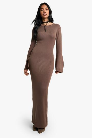 Premium Rib Flare Sleeve Knitted Maxi Dress mushroom