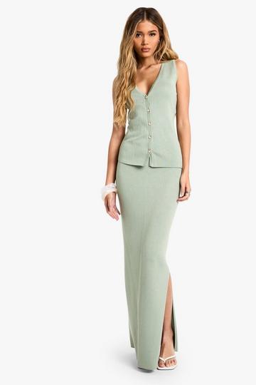 Premium Rib Knitted Longline Waistcoat and Maxi Skirt Set sage