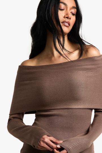 Geribbelde Gebreide Premium Off Shoulder Trui mushroom