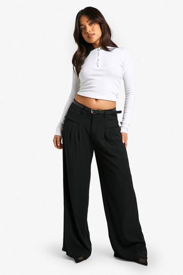 Black Petite Fluid Belted Wide Leg Trousers