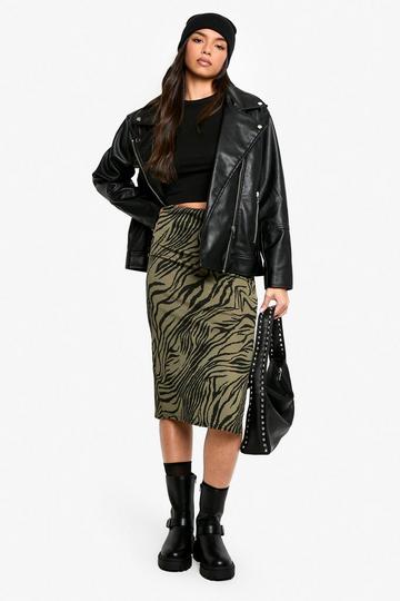 Khaki Zebra Print Rib Side Split Midi Skirt