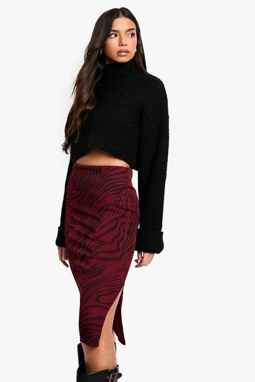 Zebra Print Rib Side Split Midi Skirt berry