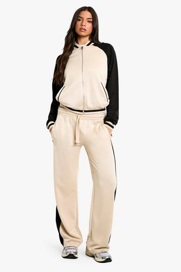 Stone Beige Tricot Colour Block Zip Through Bomber Straight Leg Jogger Tracksuit