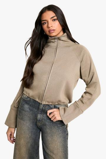 Funnel Neck Zip Through Oversized Boxy Sweat washed khaki