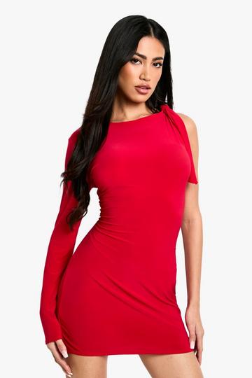 Red Tie One Shoulder Long Sleeve Mini Dress