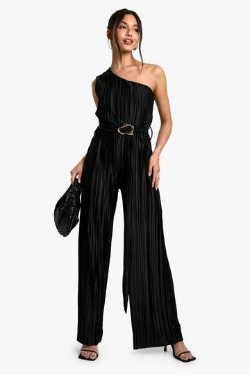 Asymmetric Plisse Wide Leg Jumpsuit black