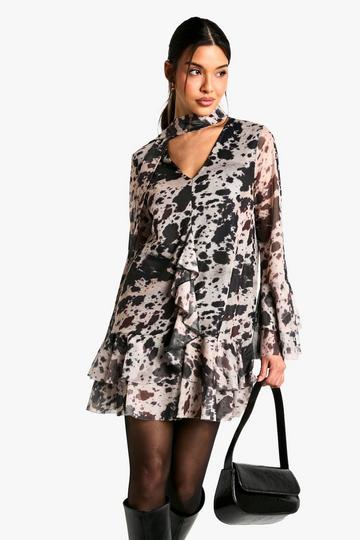 Cow Print Mesh Ruffle Mini Dress multi