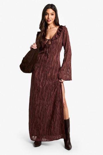 Jacquard Maxi Jurk Met Franjes En Zijsplit chocolate