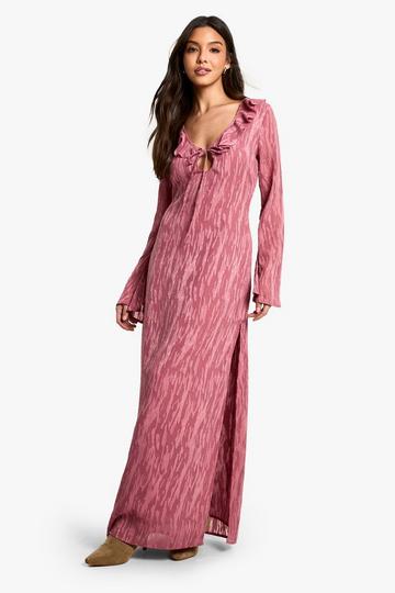 Jacquard Frill Side Split Maxi Dress dusky pink