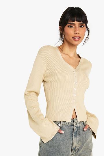 Button Through Lightweight Rib Knit Cardigan stone