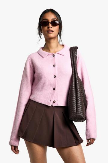 Pink Collared Button Through Knit Cardigan