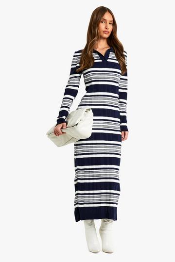 Stripe Collared Knitted Dress navy