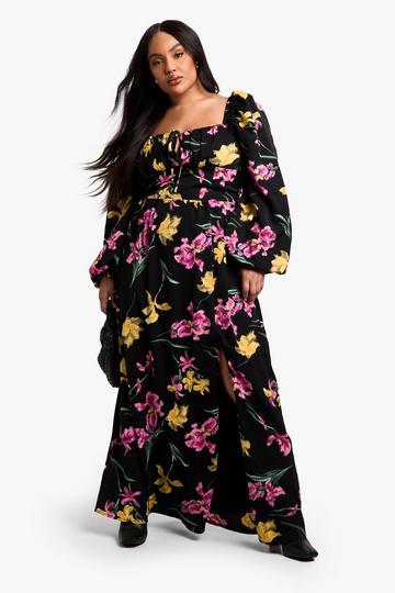 Plus Bloemen Melkmeisjes Maxi Jurk Met Ballonmouwen black