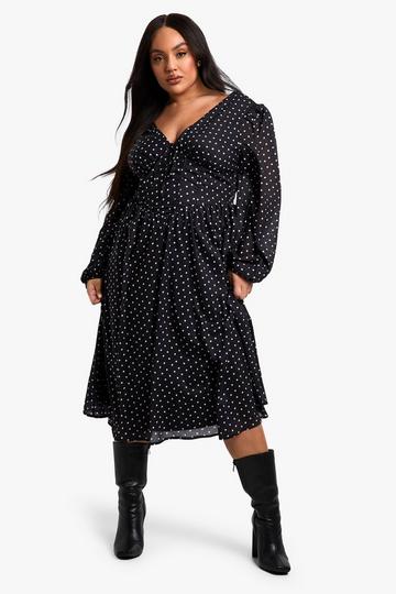 Plus Geweven Melkmeisjes Midi Skater Jurk Met Stippen black