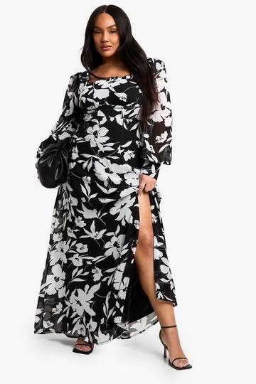 Plus Floral Corset Detail Maxi Milkmaid Dress black