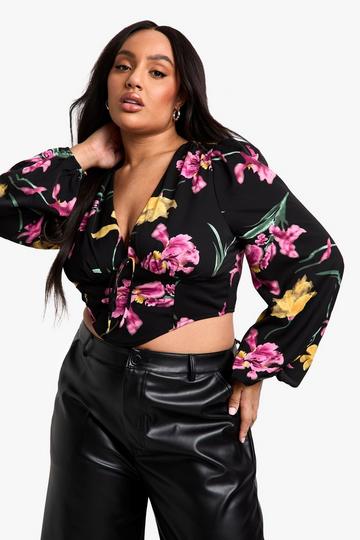 Plus Long Line Bloemen Korset Top Met Pofmouwen black