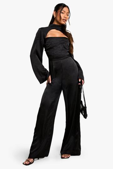 Textured Satin High Neck Jumpsuit black