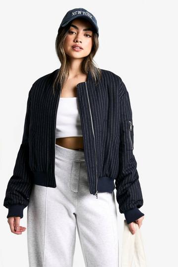 Navy Pinstripe Wool Look Bomber Jacket