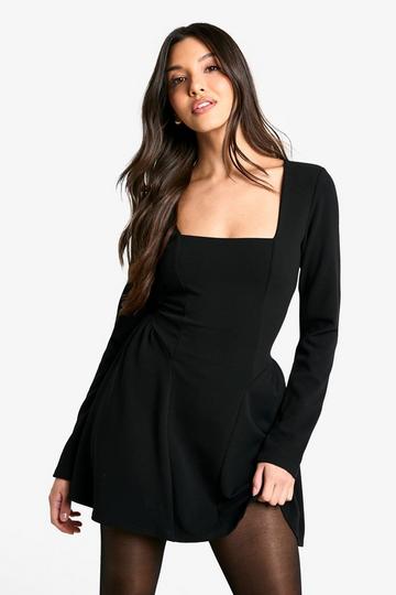 Black Long Sleeve Square Neck Full Skirt Mini Dress